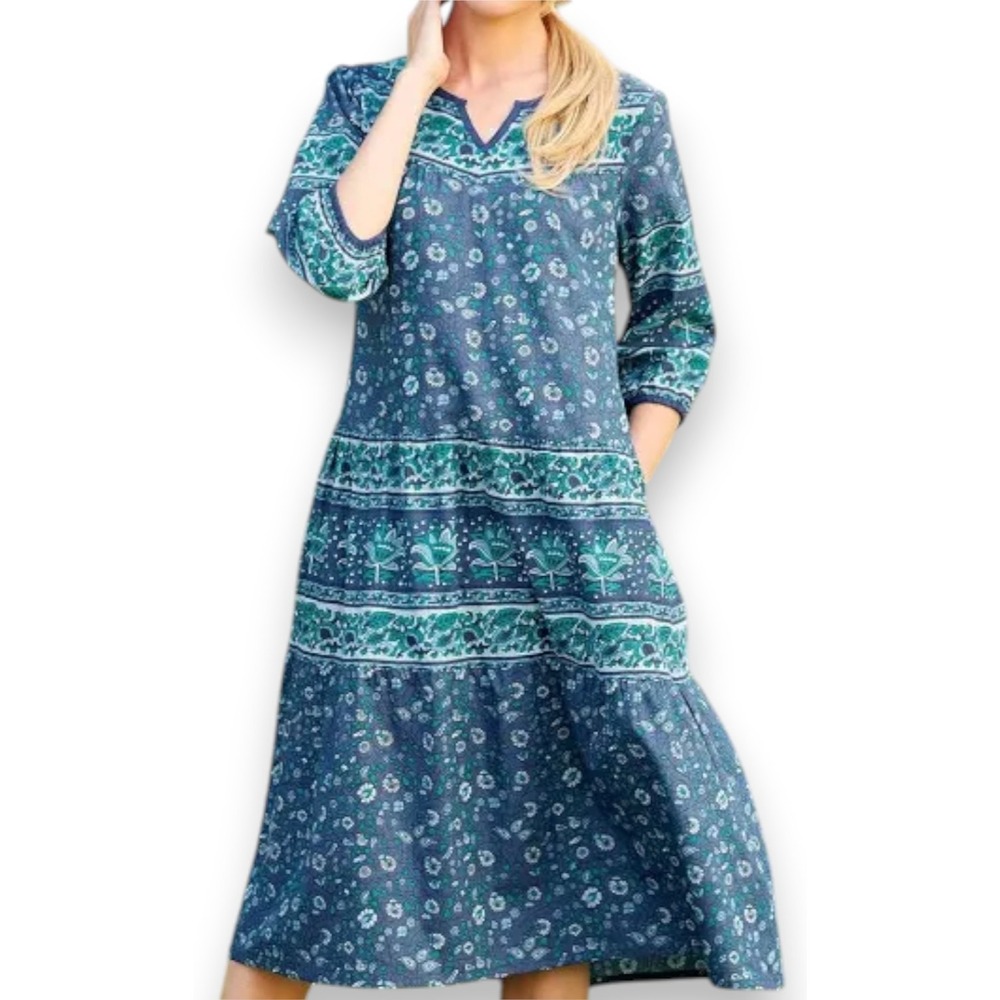 The Vermont Country Store Dress Muumuu Womens 1X Blue Floral Cotton Mumu Midi